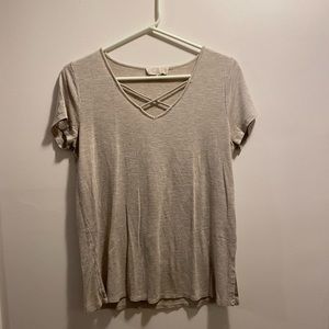 Beige Criss Cross V-Neck T-Shirt